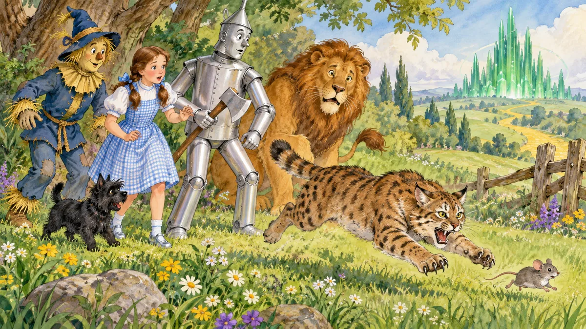 Eine Wildkatze jagt eine kleine Feldmaus, der Blechmann dreht sich um.