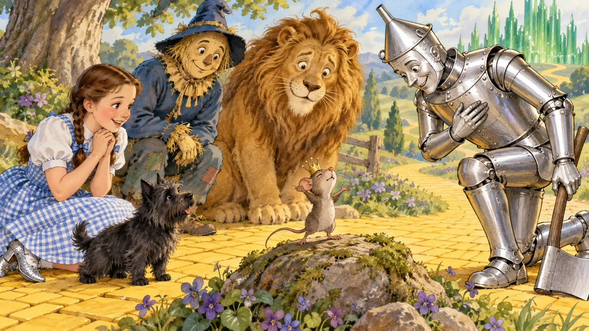 Die kleine Feldmaus erklärt dem sich verbeugenden Blechmann, sie sei eine Königin.