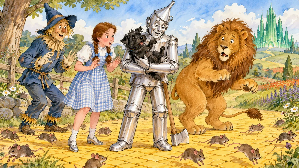 Der Blechmann hält Toto fest, während die Mäuse davonhuschen.