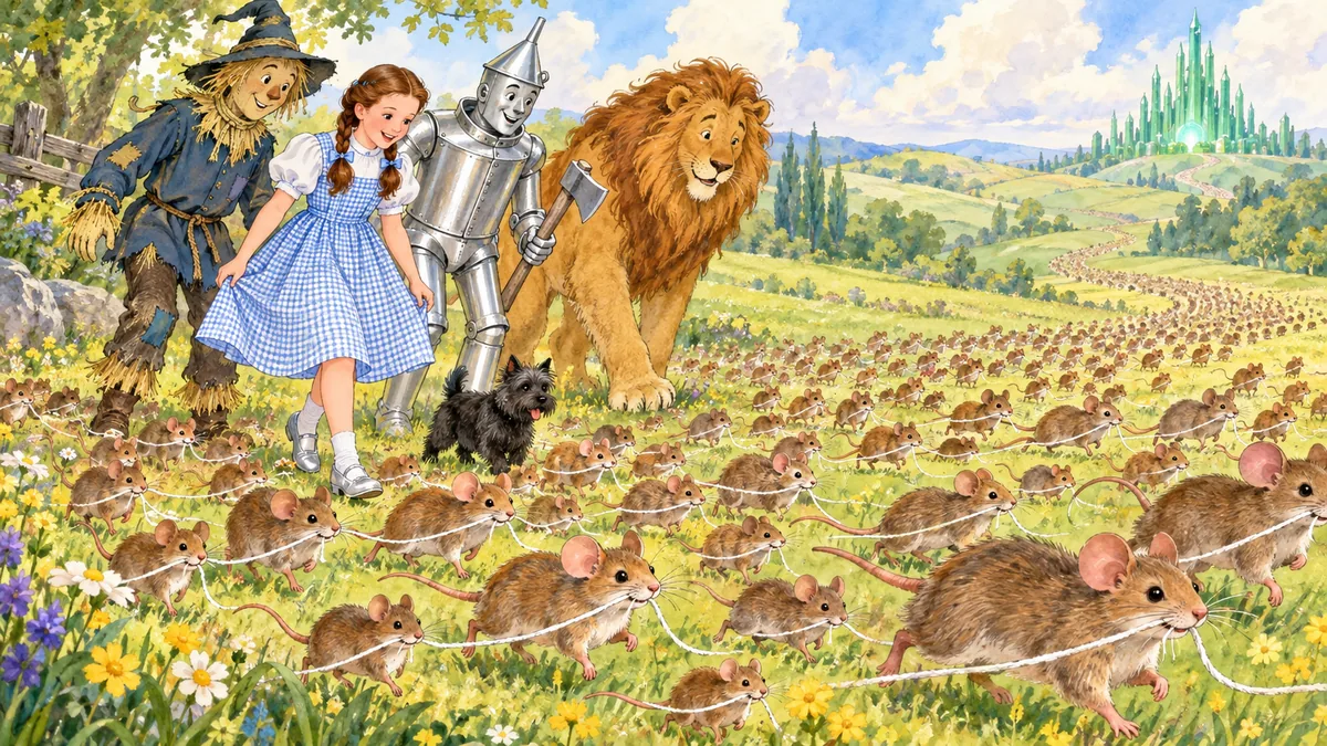 Tausende Feldmäuse tragen Schnüre über das Feld.