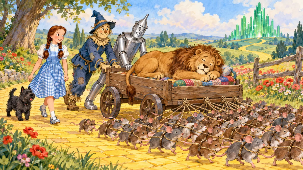 Mäuse ziehen einen Wagen mit dem schlafenden Löwen, die Freunde schieben.
