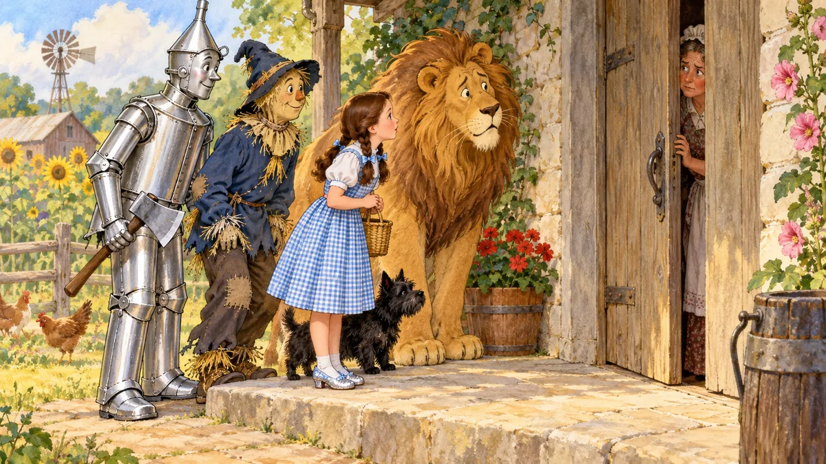 Eine Bäuerin späht ängstlich zu Dorothy und dem Löwen.