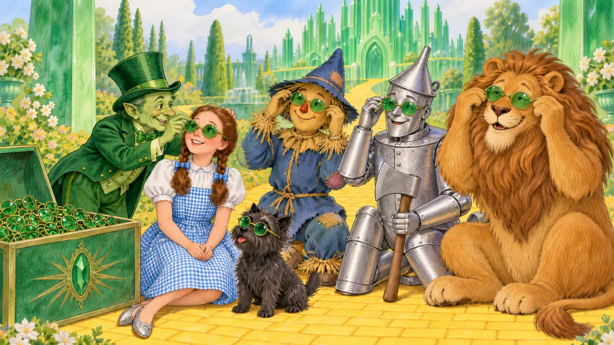 Der Wächter setzt Dorothy und ihren Freunden grüne Brillen auf.