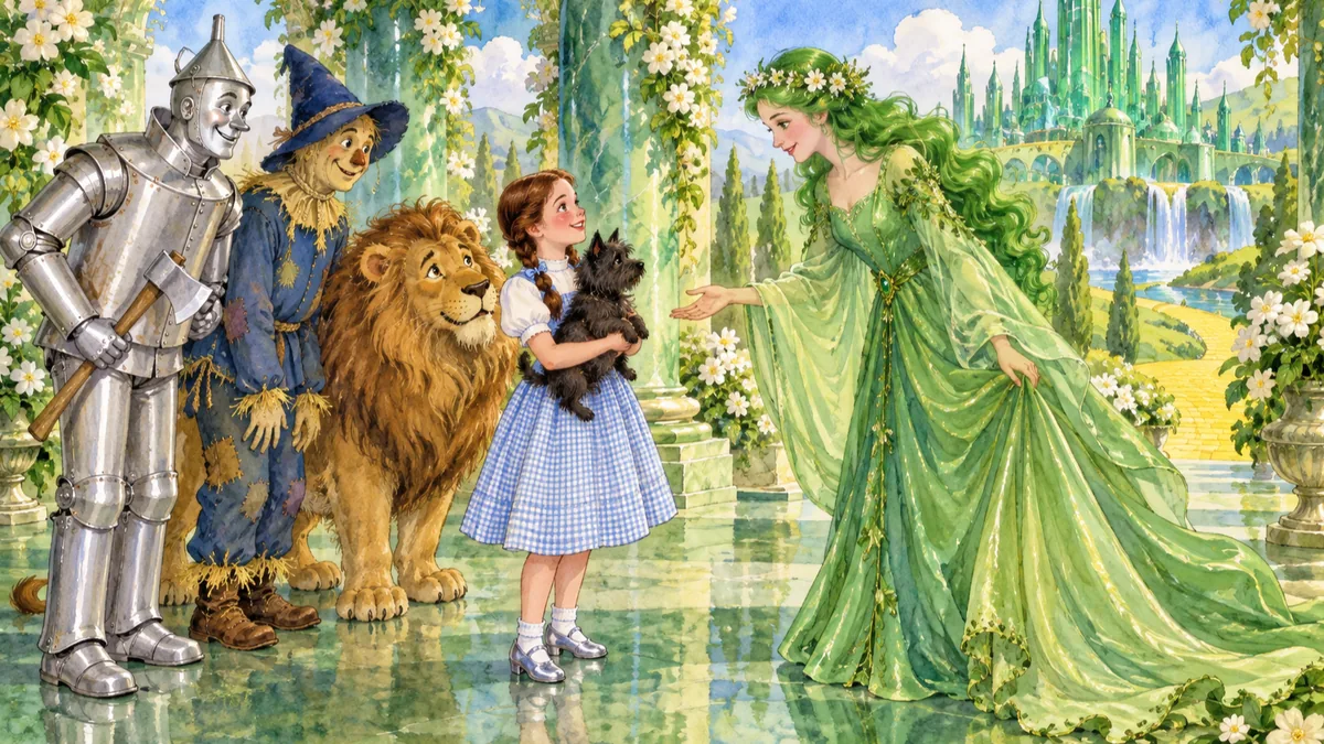 Eine grünhaarige Maid begrüßt Dorothy, die Toto hält.