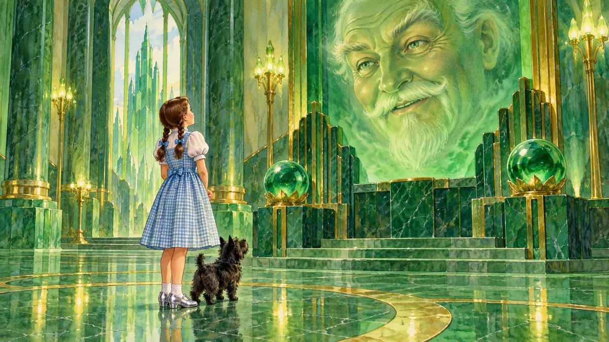 Die kleine Dorothy steht tapfer vor dem riesigen schwebenden Kopf.