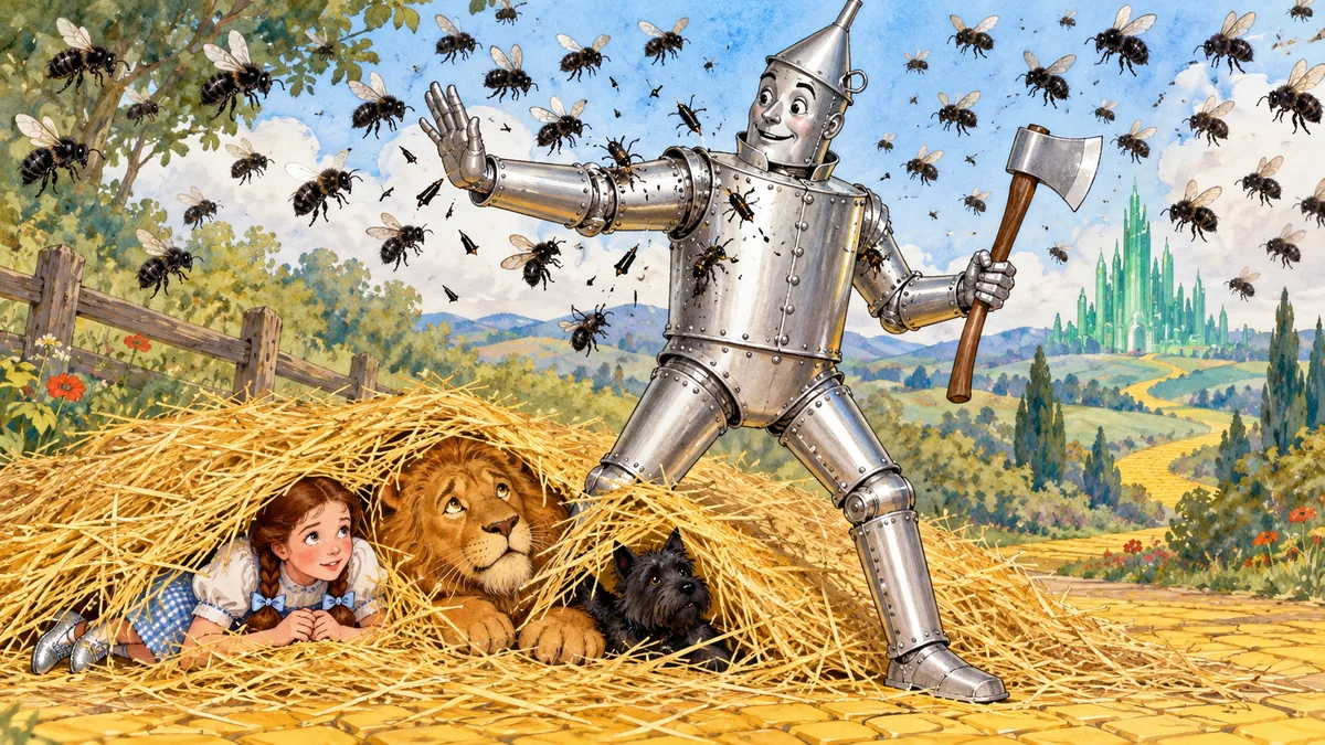 Bienen brechen ihre Stachel am Blechmann, Stroh verbirgt die anderen.