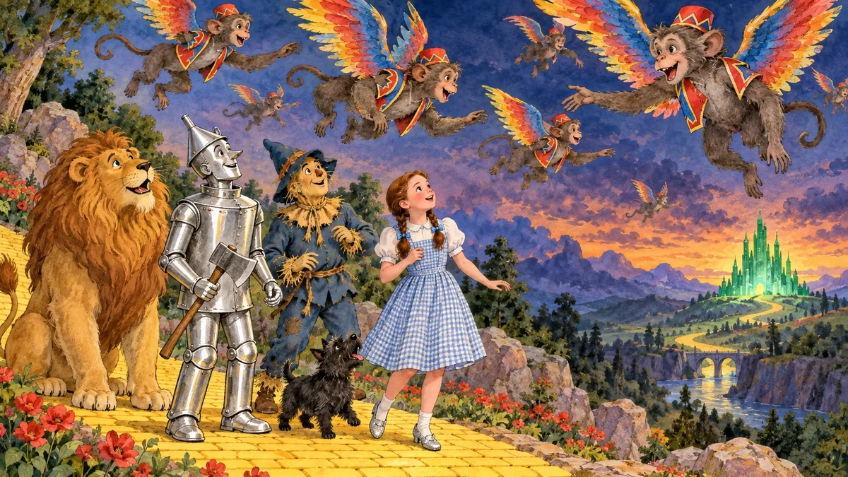 Eine Schar verspielter geflügelter Affen fliegt durch den Himmel.