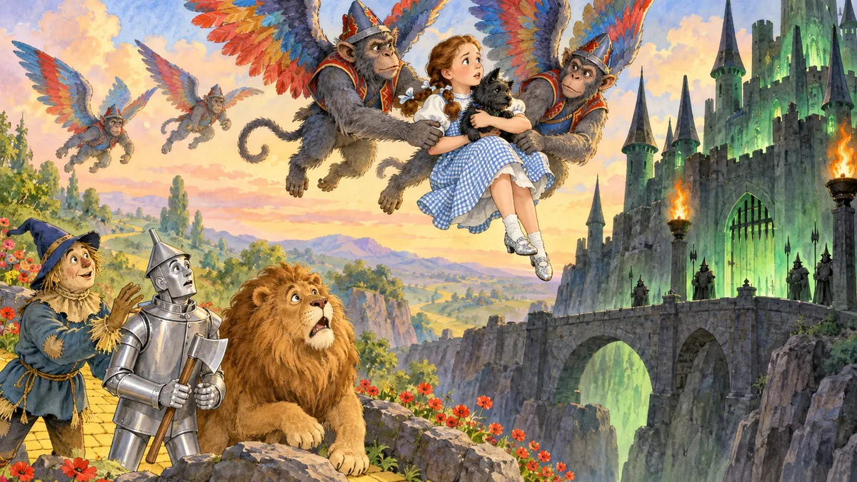 Geflügelte Affen tragen Dorothy und Toto sanft zur Burg.