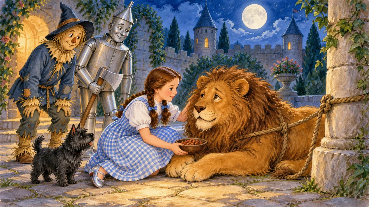 Im Mondlicht bringt Dorothy dem angebundenen Löwen heimlich Futter.