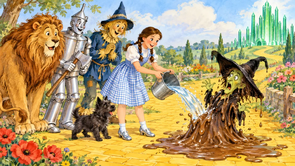 Dorothy schüttet Wasser und die böse Hexe schmilzt dahin.