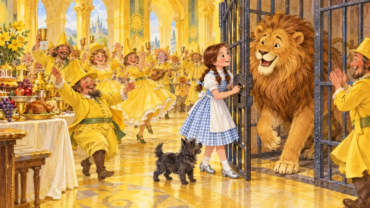 Dorothy befreit den feigen Löwen, während die gelben Winkies im Schloss jubeln.