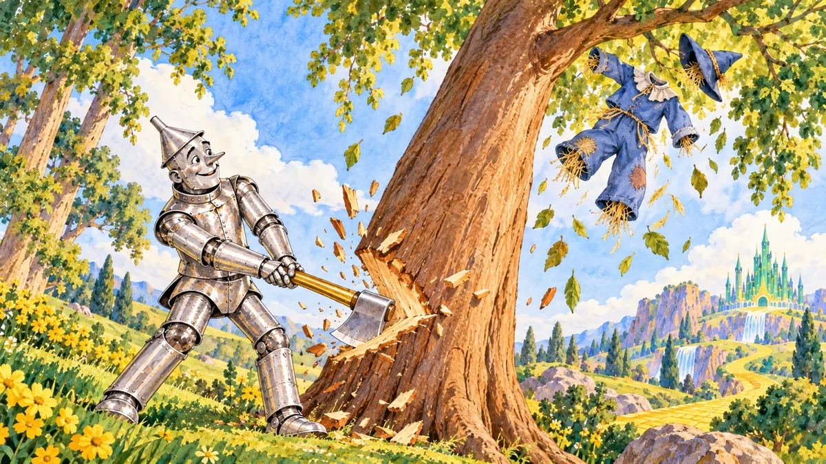 Der Blechmann fällt den hohen Baum, und die Kleider der Vogelscheuche fallen heraus.