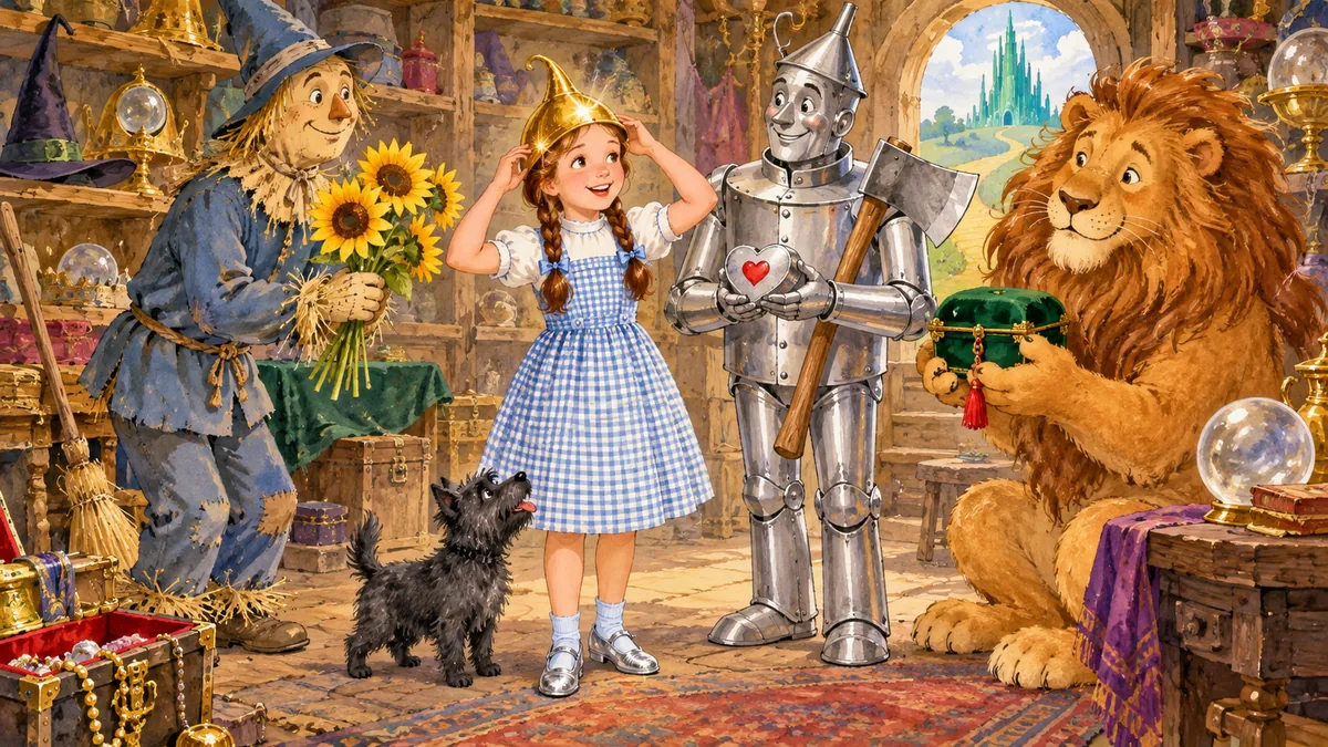 Dorothy probiert die glänzende Goldene Kappe an, während die Freunde aufbrechen wollen.