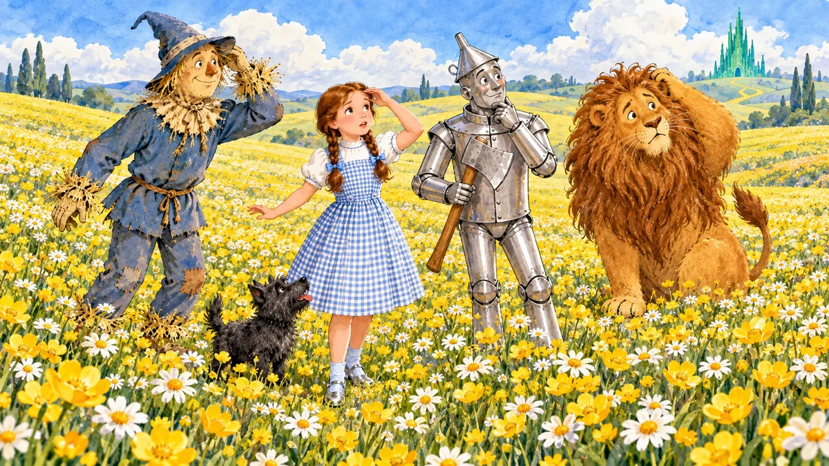 Die Reisenden irren verloren durch weite Felder gelber Blumen.