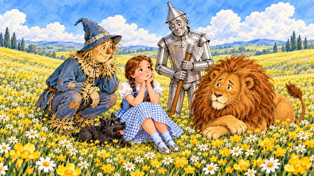 Entmutigt rasten Dorothy und ihre Freunde zwischen den Blumen mit dem müden Toto.