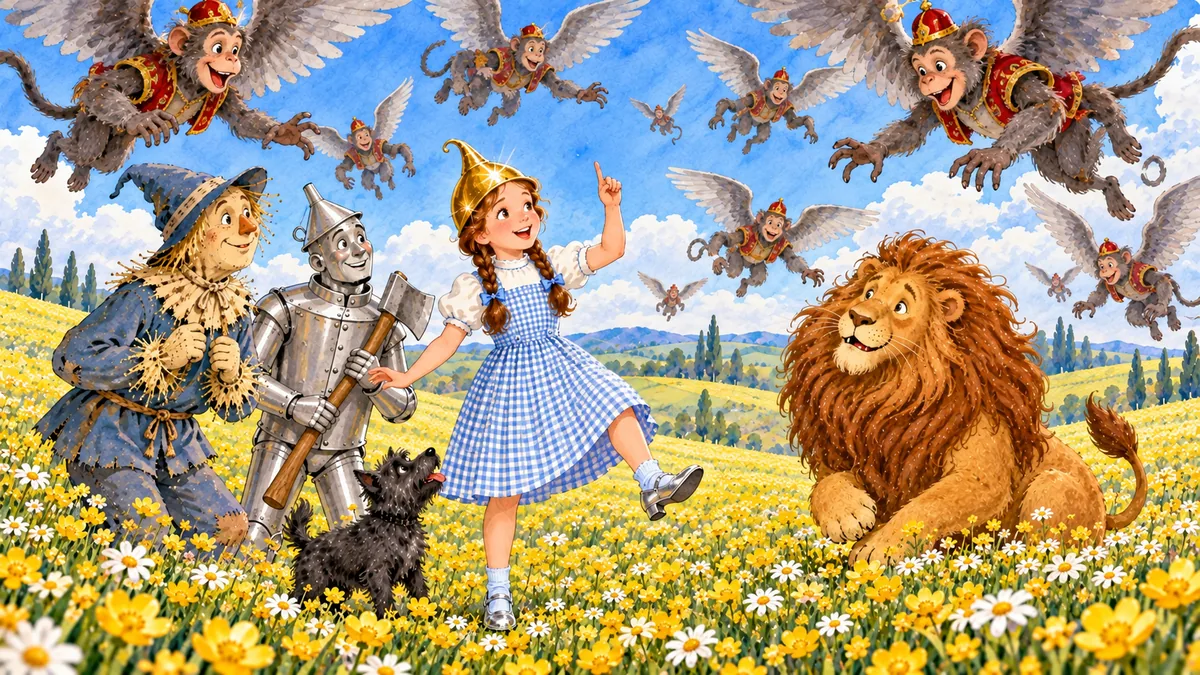 Dorothy spricht den Zauber, und die verspielten Geflügelten Affen fliegen herab.