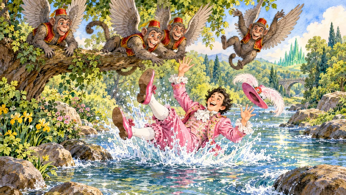 Vor langer Zeit lassen die schelmischen Affen den lachenden Quelala in den Fluss fallen.