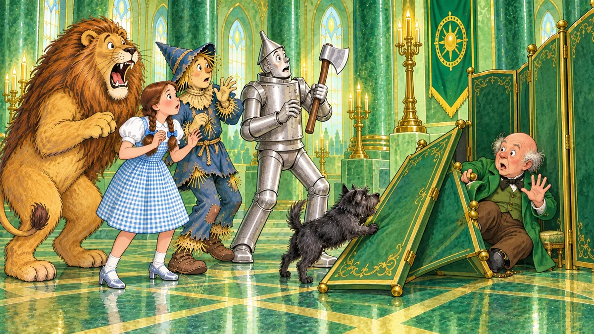 Toto stößt den Wandschirm um und enthüllt den kleinen alten Mann, der wirklich Oz ist.