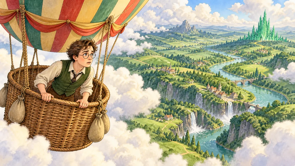 Vor langer Zeit treibt der junge Oz im Ballon über den Wolken über ein fremdes Land.