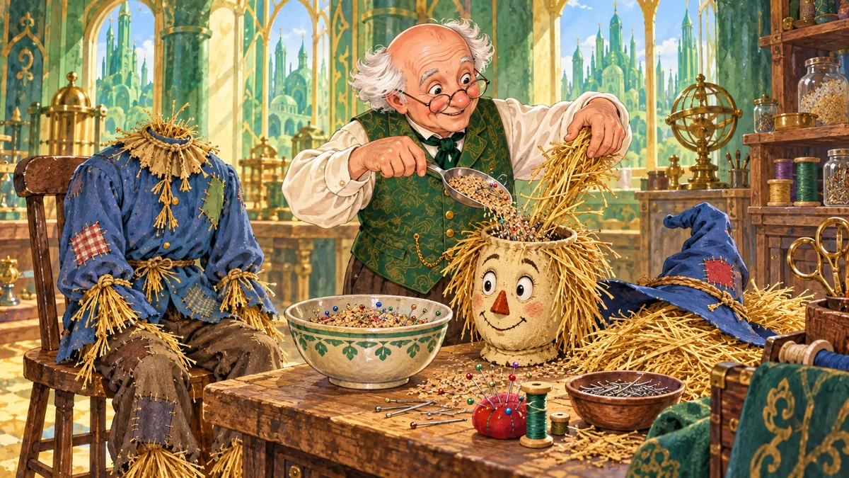 Der Zauberer füllt den Kopf der Vogelscheuche mit Kleie, Nadeln und Stecknadeln.