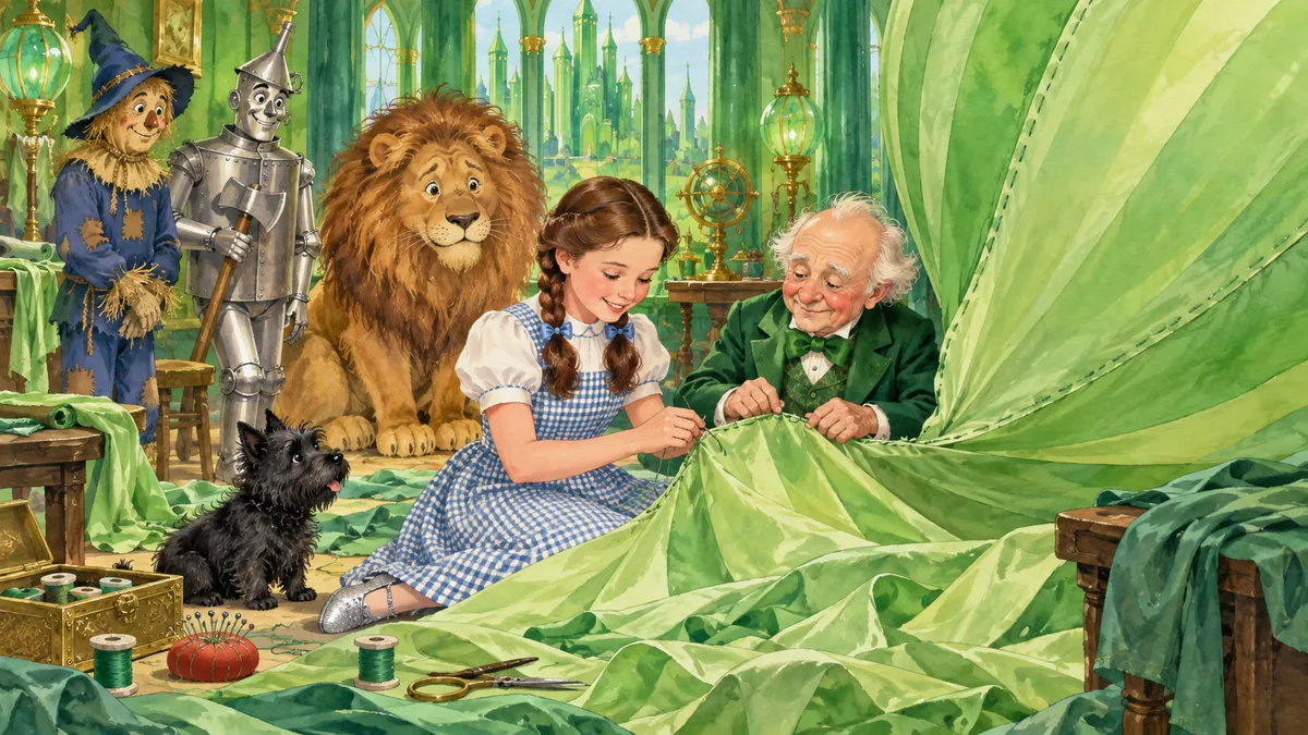 Dorothy und der kleine Zauberer nähen im Palast grüne Seidenstreifen zu einem Ballon zusammen.