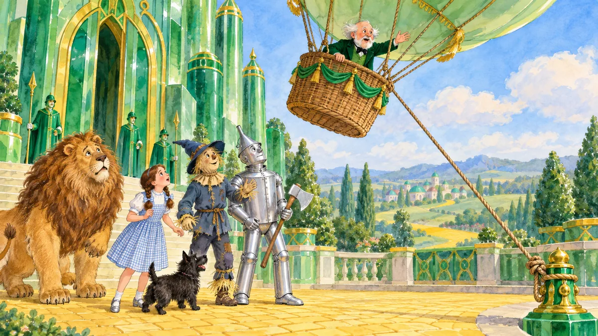 Der Ballon zerrt an seinem Seil, während der Zauberer im Korb steht und ruft.