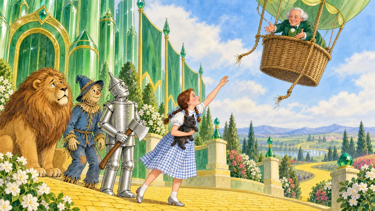 Das Seil reißt und Dorothy, Toto im Arm, streckt sich nach dem steigenden Ballon.