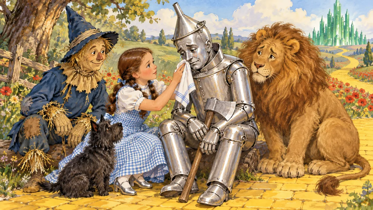 Dorothy hält ein Handtuch, um die Tränen des weinenden Blechmanns aufzufangen.