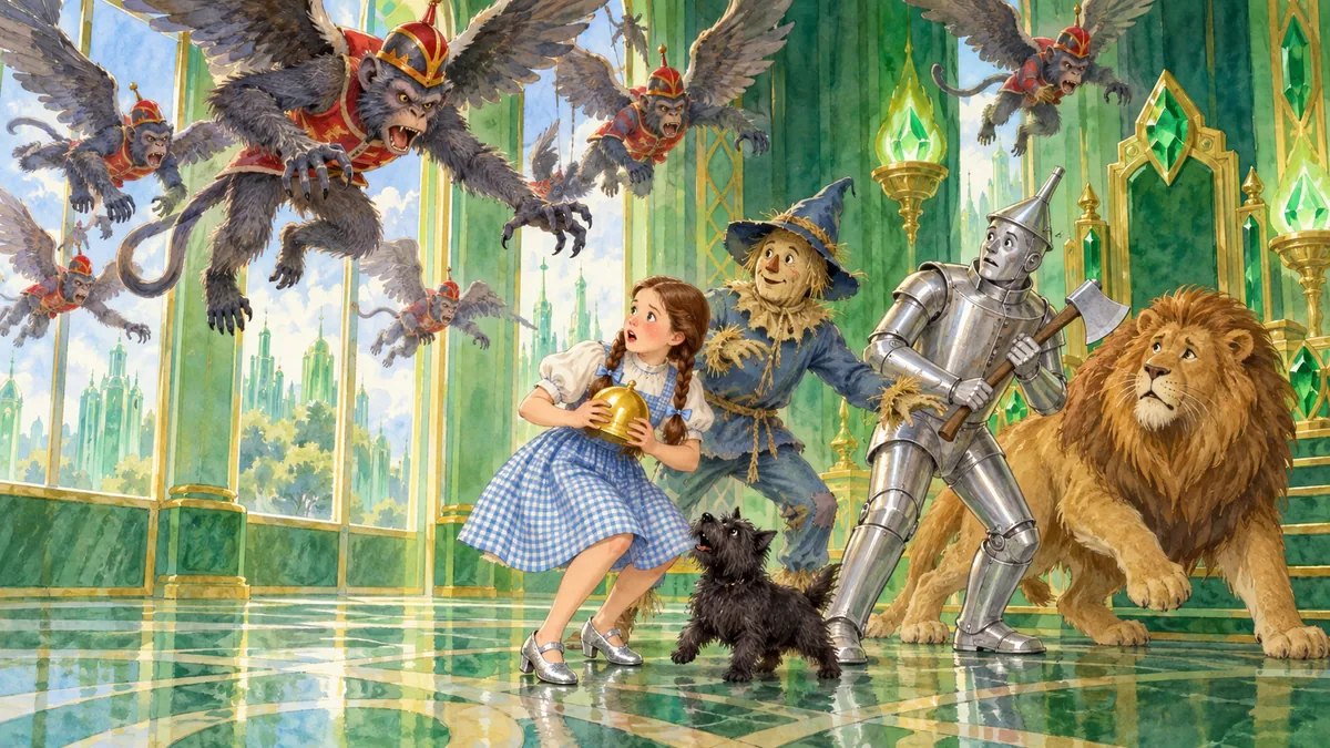 Geflügelte Affen kommen durch die Fenster, während Dorothy die Goldene Kappe hält.