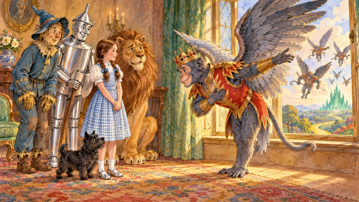 Der Affenkönig verbeugt sich vor Dorothy, bevor er aus dem Fenster fliegt.