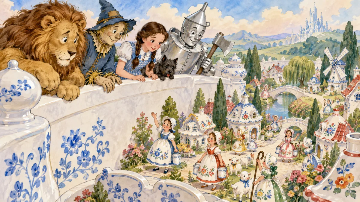 Von der Mauer aus schauen die Freunde auf kleine Porzellan-Milchmädchen und Schäferinnen hinab.