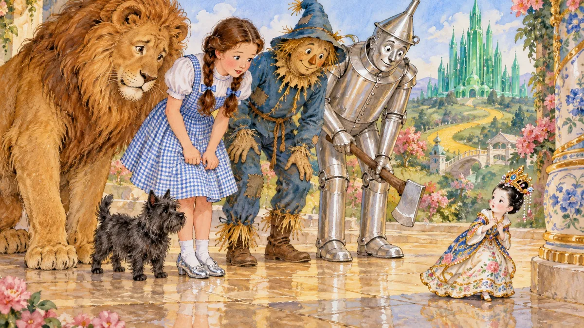 Eine prächtig gekleidete Porzellanprinzessin hält inne und beäugt die Fremden misstrauisch.