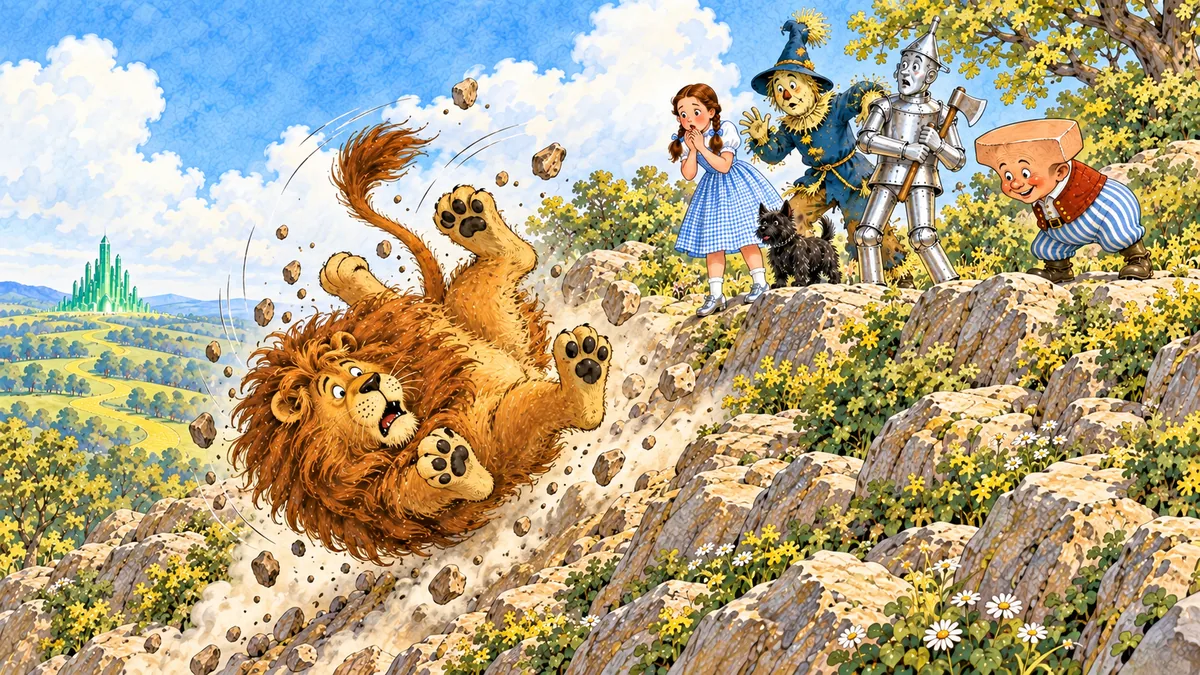 Der Löwe kugelt den Felshügel hinunter, nachdem ihn ein Schießkopf getroffen hat.