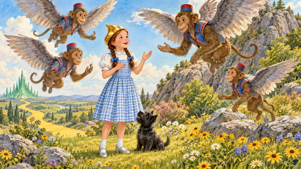 Mit der Goldenen Kappe ruft Dorothy die freundlichen geflügelten Affen herbei.