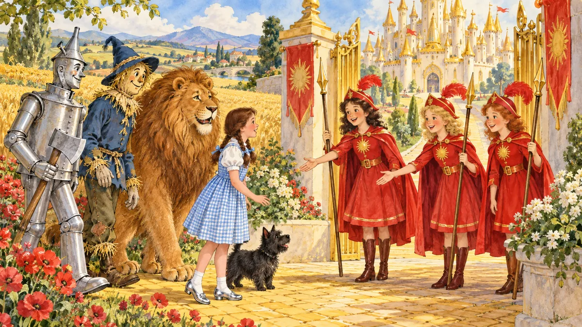 Die Reisenden erreichen ein glänzendes Schloss im glücklichen Quadling-Land, begrüßt von rot gekleideten Mädchenwachen.