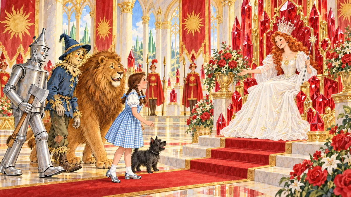 Die gute Glinda sitzt auf ihrem Rubinthron, während die Reisenden herantreten.