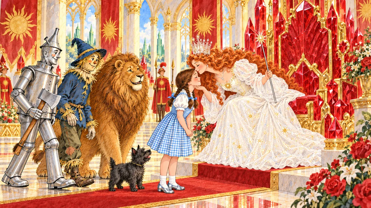Glinda beugt sich von ihrem Thron herab, um Dorothys Gesicht zu küssen.