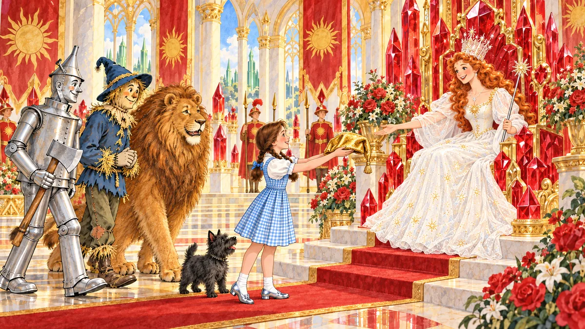 Dorothy übergibt Glinda die Goldene Kappe, während ihre Freunde zusehen.