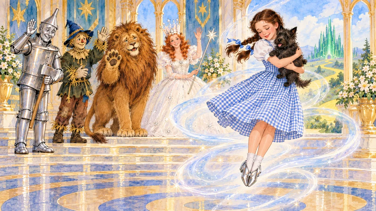 Dorothy hält Toto und schlägt die silbernen Schuhe zusammen, während ein Zauberwirbel sie fortträgt; die Freunde winken.