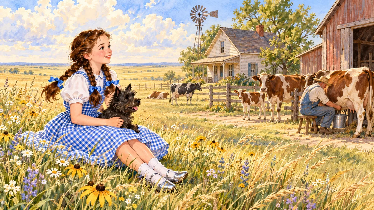 Dorothy sitzt in der Prärie von Kansas beim neuen Bauernhaus, während Onkel Henry die Kühe melkt.