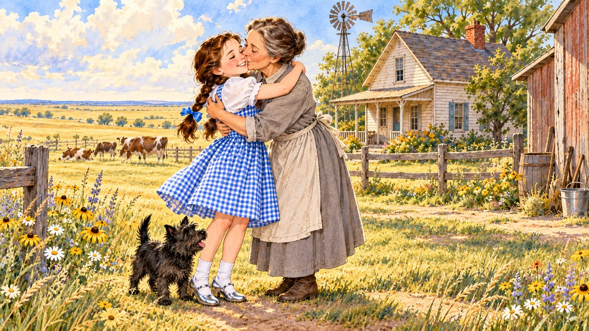 Tante Em schließt Dorothy in die Arme und küsst sie in der sonnigen Prärie, Toto zu ihren Füßen.