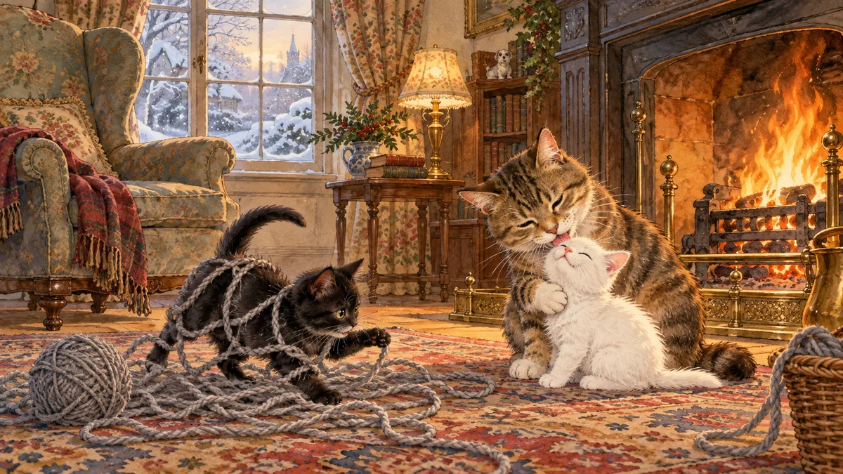 Am Kamin wäscht eine getigerte Katzenmutter einem weißen Kätzchen das Gesicht, während ein schwarzes Kätzchen in einem Gewirr aus grauer Wolle tobt.