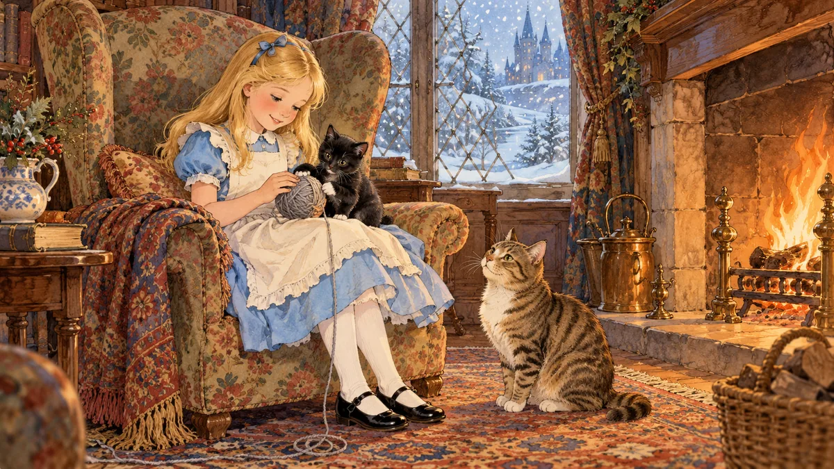 Alice sitzt im großen Lehnstuhl und wickelt ein Wollknäuel, Kitty auf dem Schoß, während Dinah vom Teppich aus zusieht.