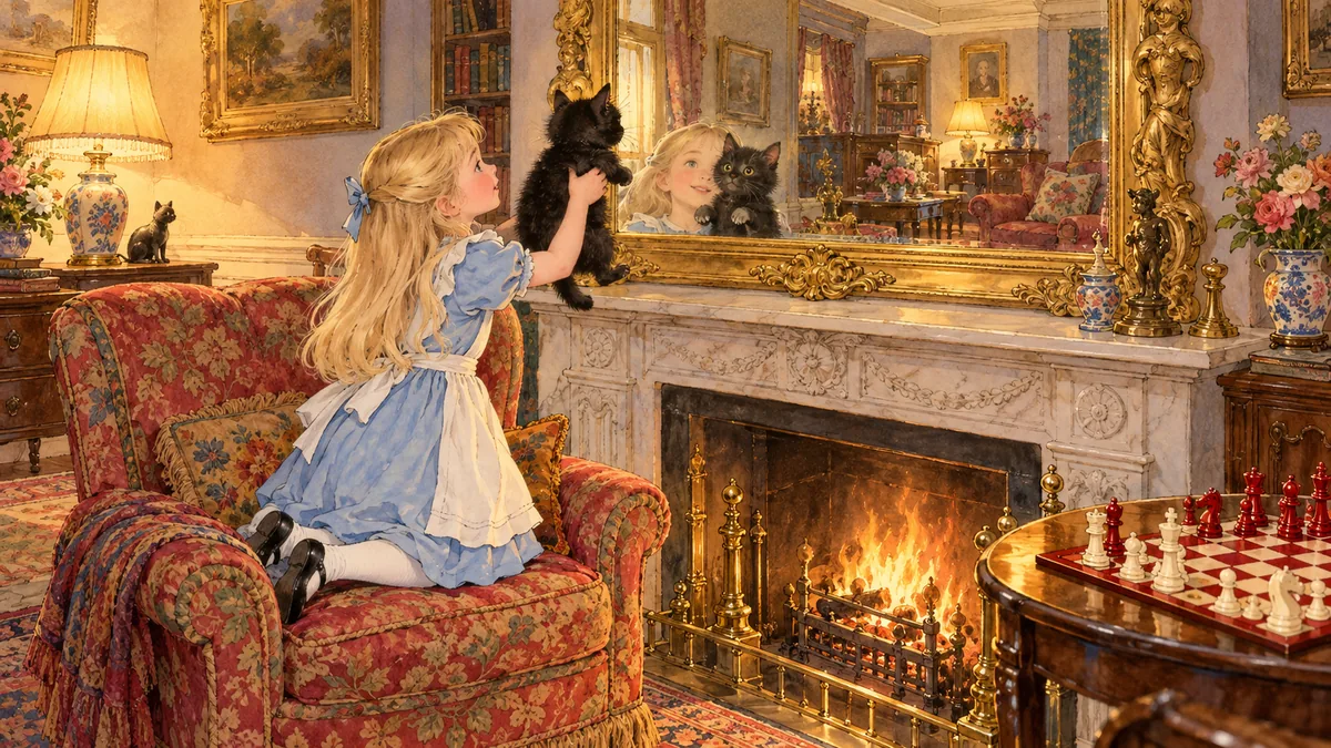 Auf dem Lehnstuhl kniend hält Alice Kitty vor den hohen goldgerahmten Spiegel über dem Kamin, damit sie ihr Spiegelbild sehen.