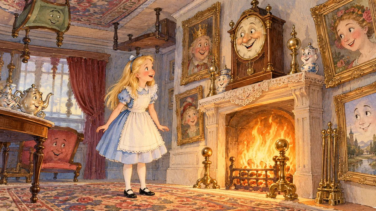 Im Spiegelhaus bestaunt Alice ein loderndes Feuer, lächelnde Bilder und eine Kaminuhr mit dem grinsenden Gesicht eines alten Mannes.