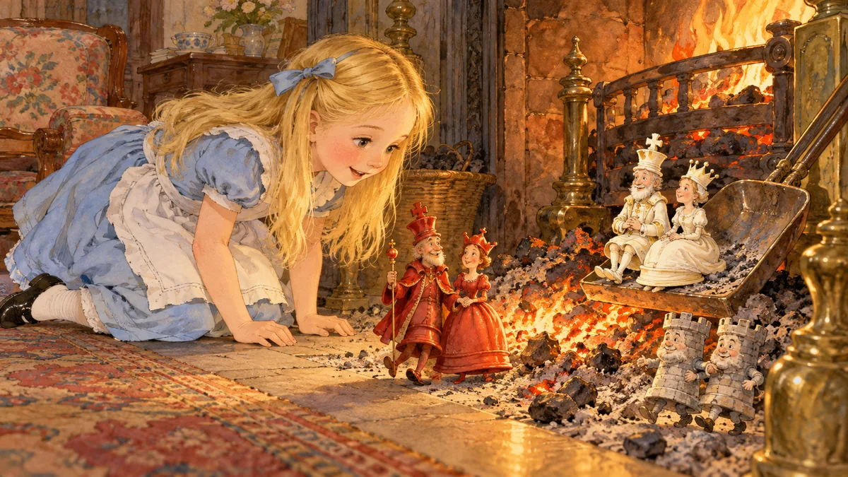 Auf Händen und Knien beobachtet Alice winzige lebende Schachfiguren am Kamin: den Roten König und die Rote Königin, den Weißen König und die Weiße Königin auf der Schaufel und zwei Türme Arm in Arm.