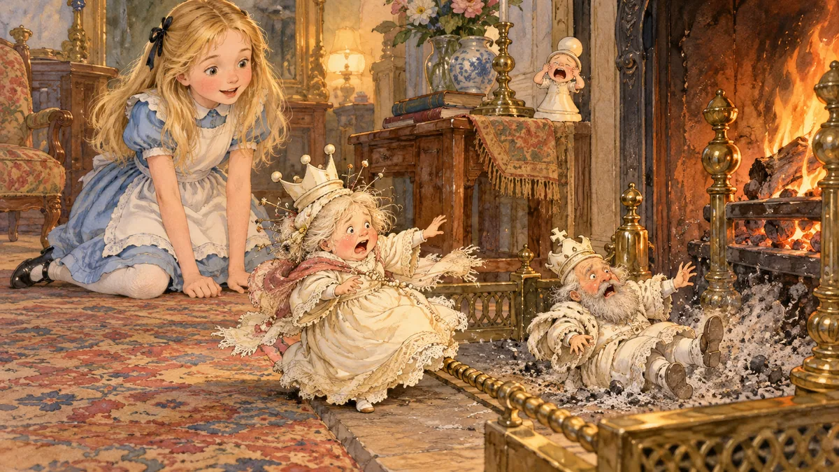 Die winzige Weiße Königin stürmt schreiend vorbei und wirft den Weißen König in die Asche, während ein kleiner weißer Bauer heult und Alice zusieht.