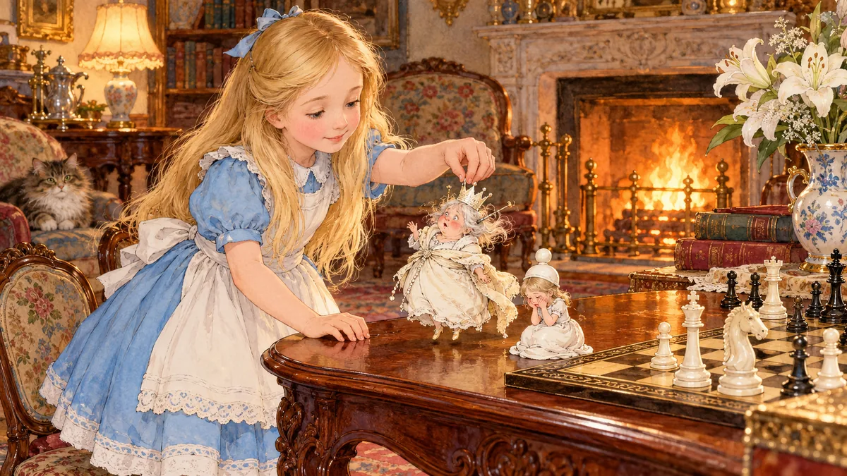 Alice hebt die atemlose kleine Weiße Königin behutsam durch die Luft und setzt sie auf den Tisch neben ihre weinende Bauerntochter.