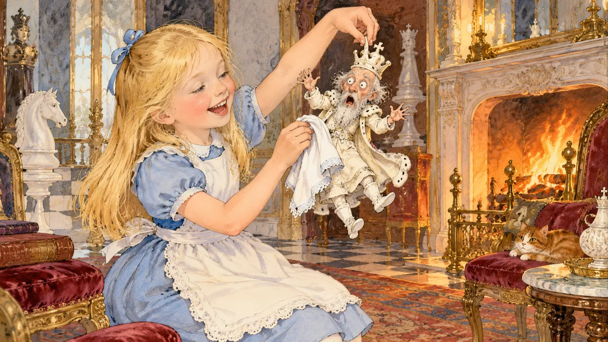 Lachend hält Alice den winzigen Weißen König in die Luft und staubt ihn mit einem Tuch ab, während seine Augen und sein Mund vor Staunen ganz rund werden.