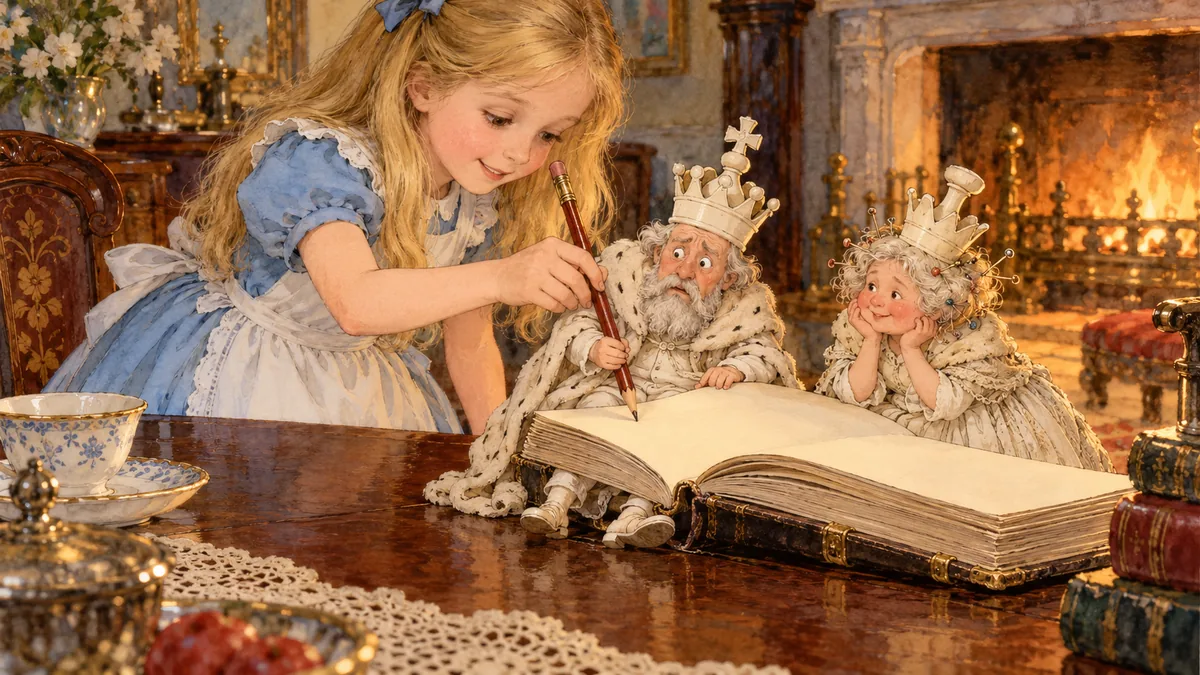 Alice fasst den langen Bleistift des Weißen Königs und schreibt für ihn in sein riesiges Notizbuch, während er verdutzt schaut und die Weiße Königin zusieht.